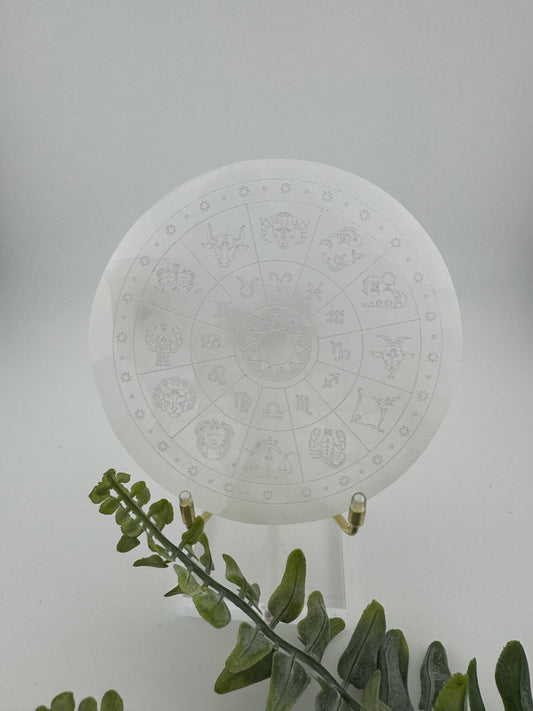 Selenit Aufladeplatte mit Sternzeichen-Gravur | Ø 10,2 cm | 265 g